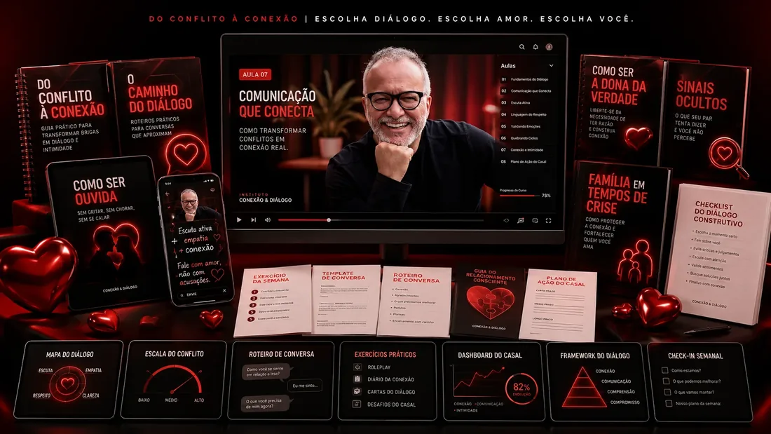 Tudo que você recebe no Do Conflito à Conexão: curso completo, comunidade, suporte e bônus